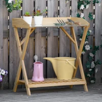 Outsunny Garden Potting Bench Table, Wooden Work Station, Outdoor Planting Workbench w/ Galvanized Metal Tabletop and Storage Shelf(m-8)