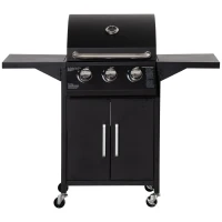 Outsunny Outdoor 3 Burner Gas Grill Portable Barbecue w/ Wheels, Warming Rack, Shelves, Cabinet, Thermometer, Black(m-11)