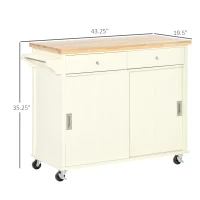 HOMCOM 43" Rolling Kitchen Island, Kitchen Storage Cart on Wheels with Sliding Doors, Cabinet, 2 Drawers, and Towel Rack, Cream White(m-3)