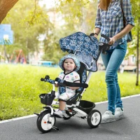 Qaba 6 in 1 Toddler Tricycle with Parent Push Handle, Canopy, Storage Baskets, Cupholder, Light Blue(m-1)