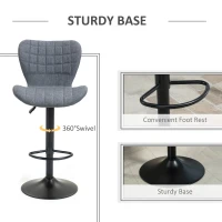 HOMCOM Bar Stools Set of 2, Adjustable Height Swivel Bar Chairs, Linen-feel Fabric Upholstered Kitchen Counter Stools with Wide Seat, Back and Footrest, Grey(m-5)