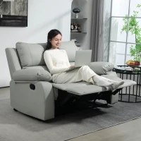 HOMCOM PU Leather Manual Recliner Sofa, Double Reclining Loveseat with Pullback Control Footrest for Living Room, Light Grey(m-6)