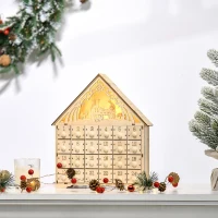 HOMCOM Christmas Advent Calendar, Light Up Manger Scene Tabletop Xmas Wooden House Holiday Decoration with Countdown Drawer, Bible Characters, for kids Adults(m-10)