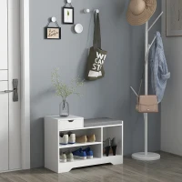 HOMCOM Upholstered Shoe Storage Bench, Hallway Shoe Storage with Seat, Drawer, 3 Open Shelves for Entryway, White(m-1)