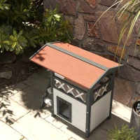 PawHut Wooden 2-Story Shelter for Feral Cats with Asphalt Roof, Stairs, Balcony, 30" x 20" x 29", White(m-10)