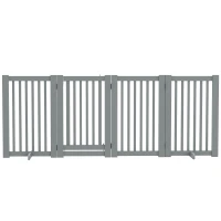 PawHut 4 Panel Free Standing Wooden Pet Gate with Open Door Light Grey(m-2)