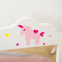 Qaba Kids Vanity Table and Stool, Makeup Vanity Girls Dressing Table Set with Tri-folding Mirrors Drawer Star and Heart Pattern, White(m-7)