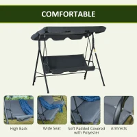 Outsunny 3-Seat Patio Swing Chair, Outdoor Porch Swing Glider with Adjustable Canopy, Removable Cushion, and Weather Resistant Steel Frame, for Garden, Poolside, Backyard, Grey(m-6)