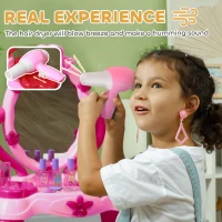 Qaba Kids Vanity Set with Mirror and Stool, Light and Sound, 15 Accessories, Pink(m-5)