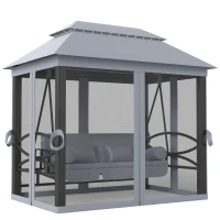 Outsunny 3-Seat Patio Swing Chair, Outdoor Gazebo Swing with Double Tier Canopy, Mesh Sidewalls, Cushioned Seat and Pillows, Gray(m-11)