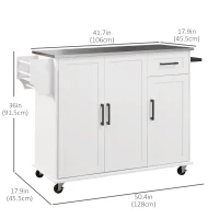 HOMCOM Kitchen Island with Storage, Rolling Kitchen Cart on Wheels, Kitchen Island with Storage, Drawer, 3 Cabinets, Stainless Steel Countertop, Spice Rack and Towel Rack, White(m-3)