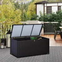 Outsunny Wicker Outdoor Storage Box, 75 Gallon Deck Box with Gas Strut and Clamp Lid, Rattan Patio Storage Container for Gardening Tools, Pool Supplies, Dark Brown(m-8)