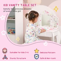 Qaba Kids Vanity Table and Stool, Makeup Vanity Girls Dressing Table Set with Tri-folding Mirrors Drawer Star and Heart Pattern, White(m-4)