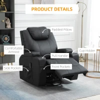 HOMCOM Massage Recliner Chair, Swivel Nursery Rocker Chair, Manual Reclining Sofa with 8 Vibration Points, PU Leather, Cup Holders, Side Pockets, for Living Room, Black(m-9)