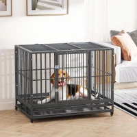 PawHut 43" Heavy Duty Dog Crate Metal Cage Kennel with Lockable Wheels, Double Door and Removable Tray, Gray(m-2)