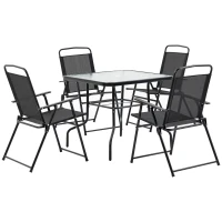 Outsunny 5 Pieces Patio Table and Chairs, Outdoor Dining Set with 4 Folding Chairs, Glass Tabletop and Parasol Hole, Black(m-11)