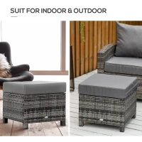 Outsunny Patio Rattan Ottoman, Outdoor Wicker Footrest with Soft Cushion, Metal Frame for Backyard, Garden, and Poolside, Grey(m-6)