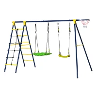 Outsunny Kids Metal Swing Set for Backyard, Outdoor Play Equipment, with Saucer Swing Adjustable Swing Seat, Basket Hoop, Climb Ladder, Net, A-Frame Metal Stand, for 3-10 Years Old, Green(m-1)