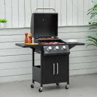 Outsunny Outdoor 3 Burner Gas Grill Portable Barbecue w/ Wheels, Warming Rack, Shelves, Cabinet, Thermometer, Black(m-8)