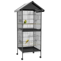 PawHut Wrought Metal Bird Cage Feeder with Rolling Stand Perches Food Containers Doors Wheels 67" H, Black(m-2)