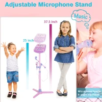 Qaba Kids Karaoke Disco Machine Toy Adjustable Microphone Speaker Stand Connected to iPod Phone MP3 Players Light Pink(m-4)