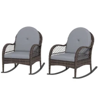 Outsunny 2 Pieces Wicker Rocking Patio Chairs, Indoor Outdoor Rocking Chair Set with Cushions and Armrests for Porch, Grey(m-2)
