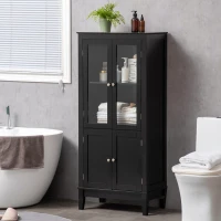 kleankin Bathroom Floor Cabinet with 2 Storage Cabinets, Tempered Glass Door, Freestanding Linen Tower with Adjustable Shelves for Living Room, Black(m-10)