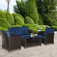 Outsunny 4 Pieces Patio Furniture Sets with Cushions, PE Rattan Wicker Conversation Chairs with Two-Tier Coffee Table for Backyard Porch Garden Poolside and Deck, Blue(m-10)