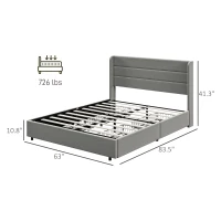 HOMCOM Queen Bed Frame with Storage Drawers, Queen Size Bed Base with Headboard, Wood Slats, Noise-Free, Light Gray(m-3)
