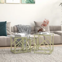 HOMCOM Glass Coffee Table Set of 3, Nest of Tables for Living Room with Tempered Glass Top and Steel Frame, Brushed Gold(m-8)