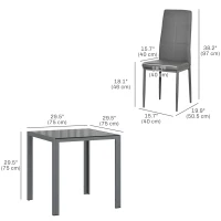 HOMCOM 3-Piece Rectangular Glass Kitchen Table and Chairs with Metal Frame and Faux Leather Upholstery for Dining Room, Grey(m-3)