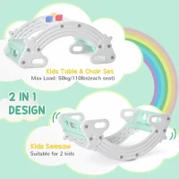 Qaba 2-IN-1 Kids Seesaw Teeter Totter Kids Table and Chair Set with Easy-Grip Handles Indoor Outdoor Playroom Backyard, Grey(m-4)