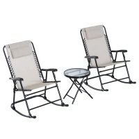 Outsunny 3 Piece Outdoor Rocking Chair Set, Patio Folding Lawn Rocker Set with Glass Coffee Table, Headrests for Yard, Patio, Deck, Backyard, Cream White(m-1)