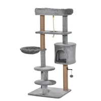 PawHut Cat Tree, 47 Inches Multi-Level Cat Tower with Scratching Post, Hammock, Cat Condo, Perch, Toy Ball, Tall Cat Tree for Indoor Cat, Grey(m-11)