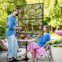 Outsunny 6.5FT Decorative Outdoor Divider, Metal Privacy Screen with Stand, Leaf Style, Black(m-1)