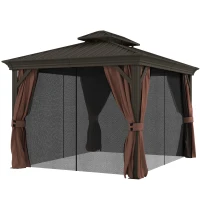 Outsunny 10' x 12' Outdoor Hardtop Gazebo with Galvanized Canopy & Netting Sidewalls for Lawn, Backyard, Dark Brown(m-2)