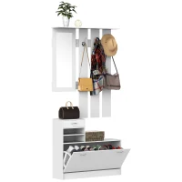 HOMCOM Entryway Organizer Unit, 3 In 1 Design Hall Tree with 6 Hooks, Mirror, Coat Rack Shoe Storage Shelf with Coat Hanger for Hallway Living Room White(m-2)