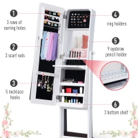 HOMCOM Freestanding Mirror Jewelry Cabinet Armoire, LED Lighted Jewelry Organizer with Stand, Angle Adjustable, White(m-6)