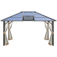Outsunny 12' x 14' Hardtop Gazebo Canopy with Polycarbonate Roof, Aluminum Frame, Permanent Pavilion Outdoor Gazebo with Netting, for Patio, Garden, Backyard, Deck, Lawn, Gray, Brown(m-8)