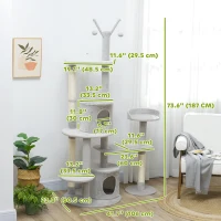 PawHut 73.5" Cat Tree Tower with Scratching Posts, Condos, Bed, Multi-Level Platforms, Toy Balls, for Indoor Cats, Light Grey(m-3)
