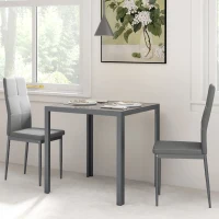 HOMCOM 3-Piece Rectangular Glass Kitchen Table and Chairs with Metal Frame and Faux Leather Upholstery for Dining Room, Grey(m-8)