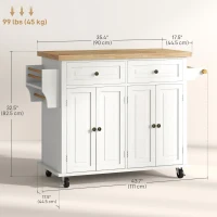 HOMCOM Kitchen Island with Storage, Rolling Trolley Cart with Rubber Wood Top, Spice Rack, Towel Rack, Cream White(m-3)