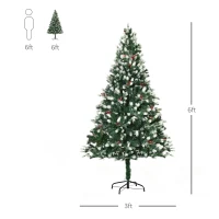 HOMCOM 6' Tall Unlit Snow-Flocked Fir Artificial Christmas Tree with Realistic Branches, Red Berries and 836 Tips, Green / White(m-3)