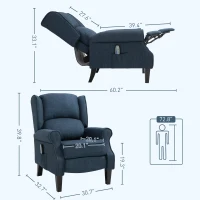 HOMCOM Vibration Massage Recliner Chair for Living Room with Heat,  Wingback Single Sofa, Modern Linen Fabric Push Back Reclining Chair with Footrest, Side Pocket,  Dark Blue(m-3)