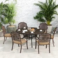 Outsunny 7 Pieces Outdoor Dining Set for 6, Aluminum Patio Table and Chairs Furniture Set with Umbrella Hole, Cushions, Bronze(m-10)
