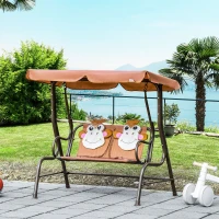Outsunny 2-Seat Kids Porch Swing Chair, Children Outdoor Patio Furniture Lounge Chair for Garden, with Adjustable Canopy, Seat Belt, Monkey Pattern, for 3-6 Years Old, Coffee(m-8)