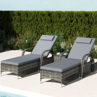 Outsunny Patio Wicker Chaise Lounge Chair Set of 2 with Table, Adjustable Backrest, Wheels, Cushion & Headrest, Gray(m-2)