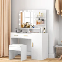 HOMCOM Illuminated Dressing Table Set, LED Vanity Table Set with Stool, LED Mirror, Drawer and Cabinet Shelves for Bedroom(m-8)