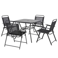 Outsunny 5-Piece Outdoor Dining Set with 4 Foldable Armchairs, Patio Furniture Sets with Umbrella Hole & Wood-plastic Composite Top Dining Table, Mesh Seat, Black(m-2)