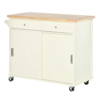 HOMCOM 43" Rolling Kitchen Island, Kitchen Storage Cart on Wheels with Sliding Doors, Cabinet, 2 Drawers, and Towel Rack, Cream White(m-11)